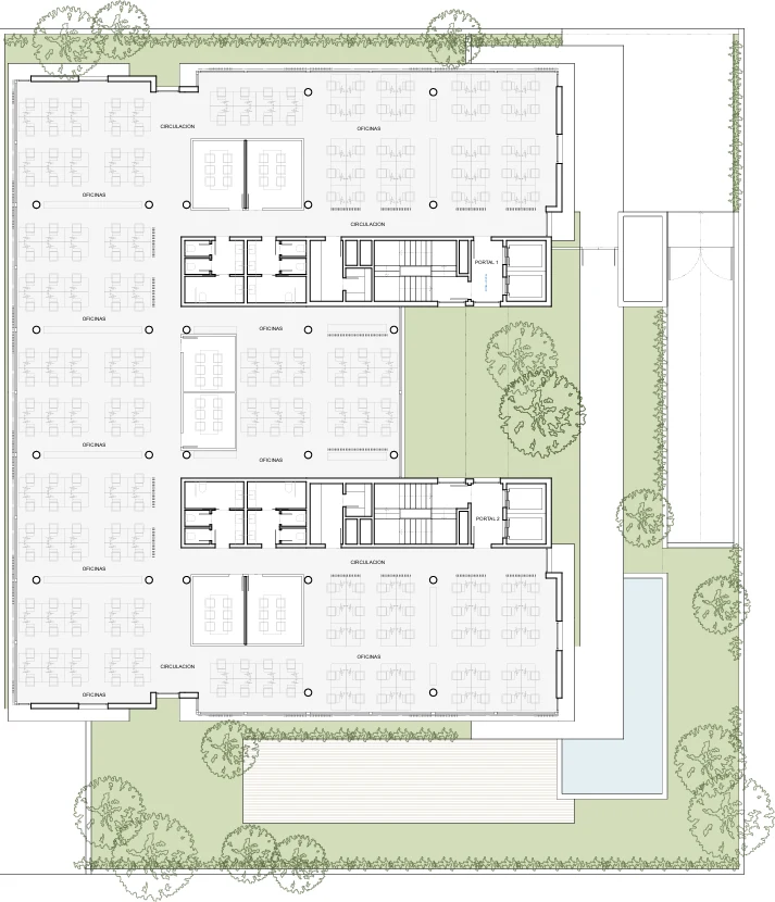 Plano de la planta tipo de coworking de Mad Río Hco, con oficinas privadas y espacios compartidos