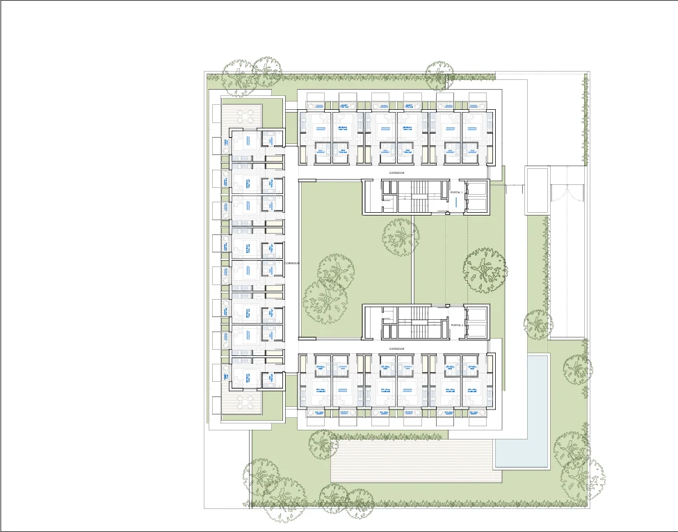 Plano de la planta tipo de flex living de Mad Río Hco, con las unidades en torno al jardín