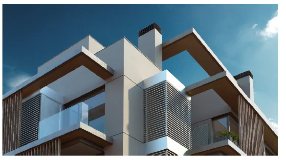 Render del ático y el rooftop de Mad Río Hco, con detalle de la fachada superior