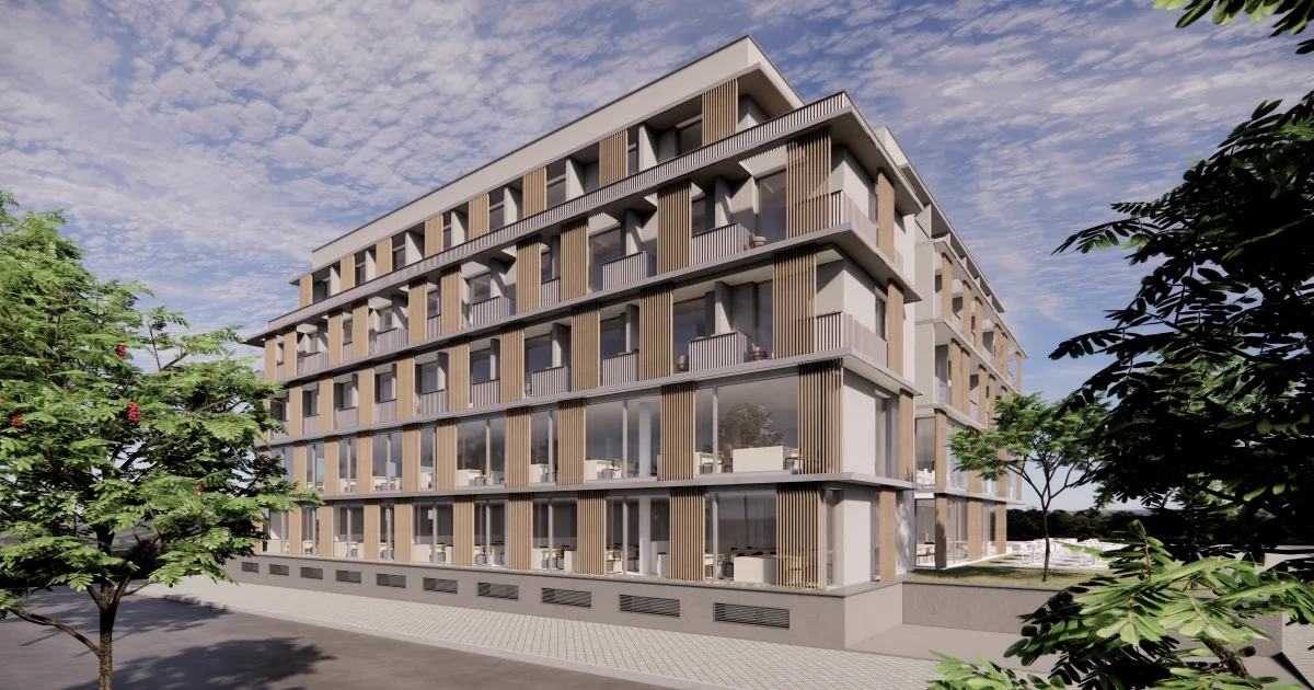 Render del edificio terminado del proyecto Madrid Río de Overlord Gestión