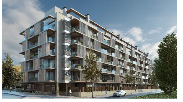Render de la fachada de Mad Río Hco al Paseo Virgen del Puerto, con lamas de madera