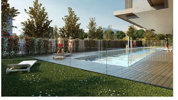Render de la piscina y el jardín de Mad Río Hco