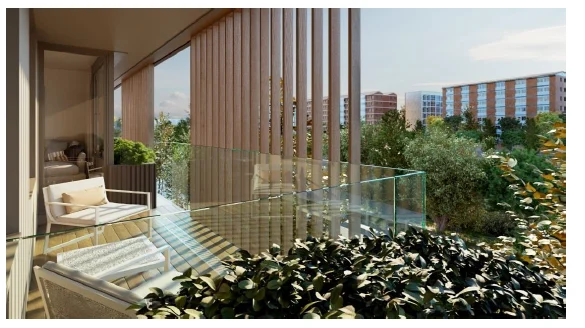 Render de una terraza privada de Mad Río Hco con barandilla de vidrio y vegetación