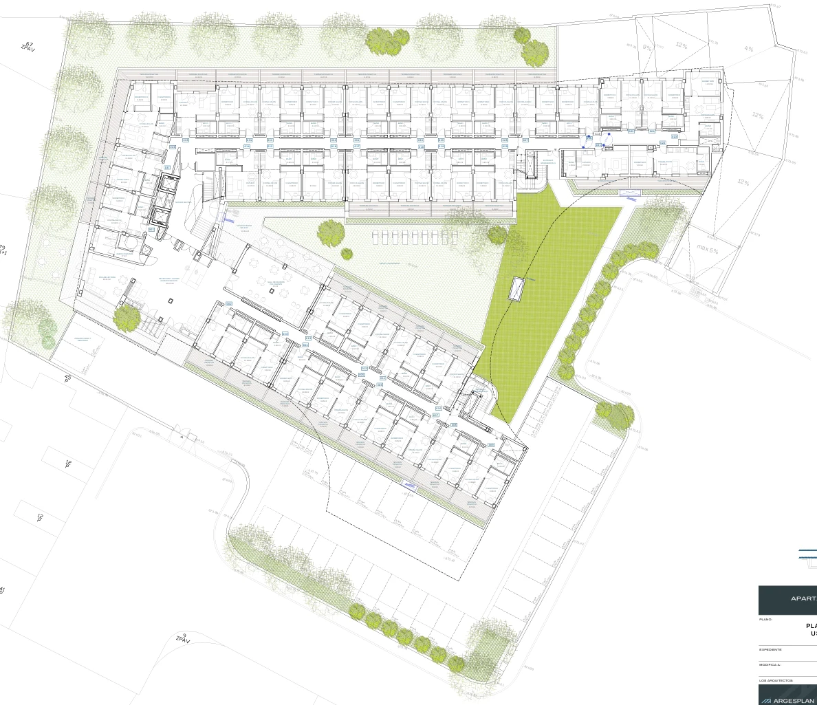 Plano de emplazamiento de Inversiones Valdemarín, con la distribución en planta y los espacios ajardinados