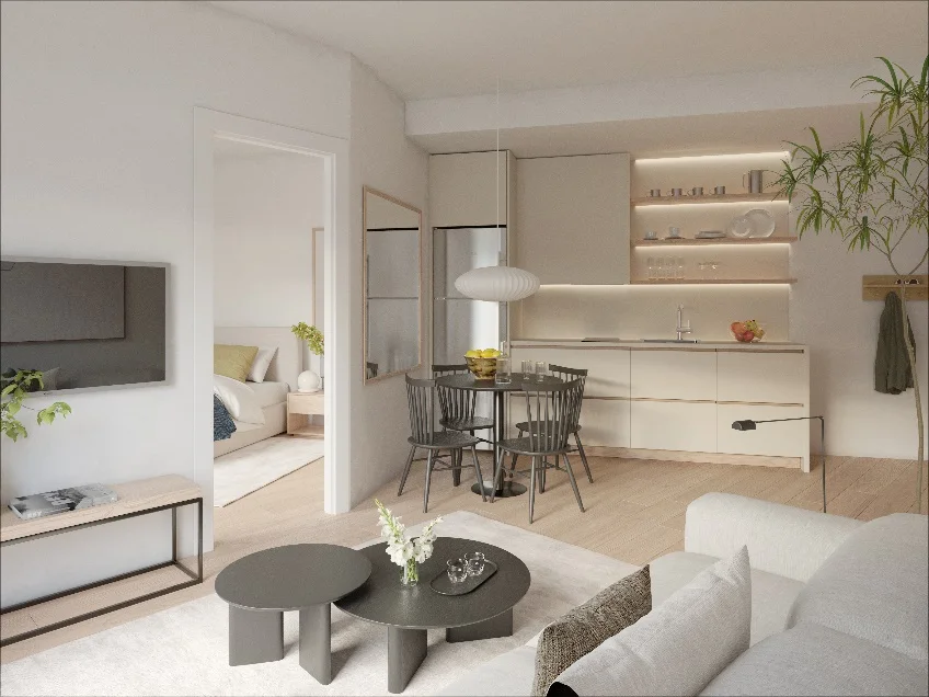 Render de la cocina abierta al salón de un apartamento de un dormitorio en Inversiones Valdemarín