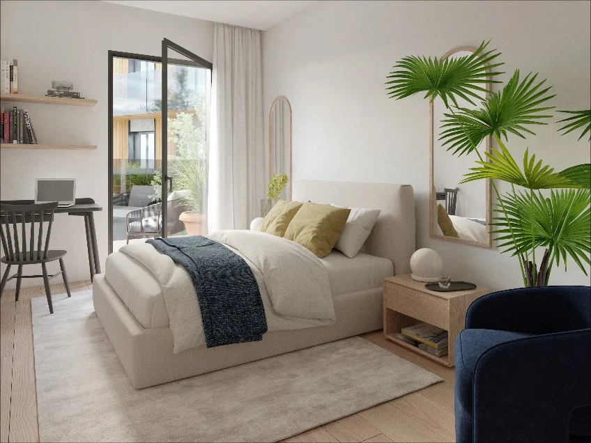 Render del dormitorio de un apartamento de Inversiones Valdemarín, con salida a terraza