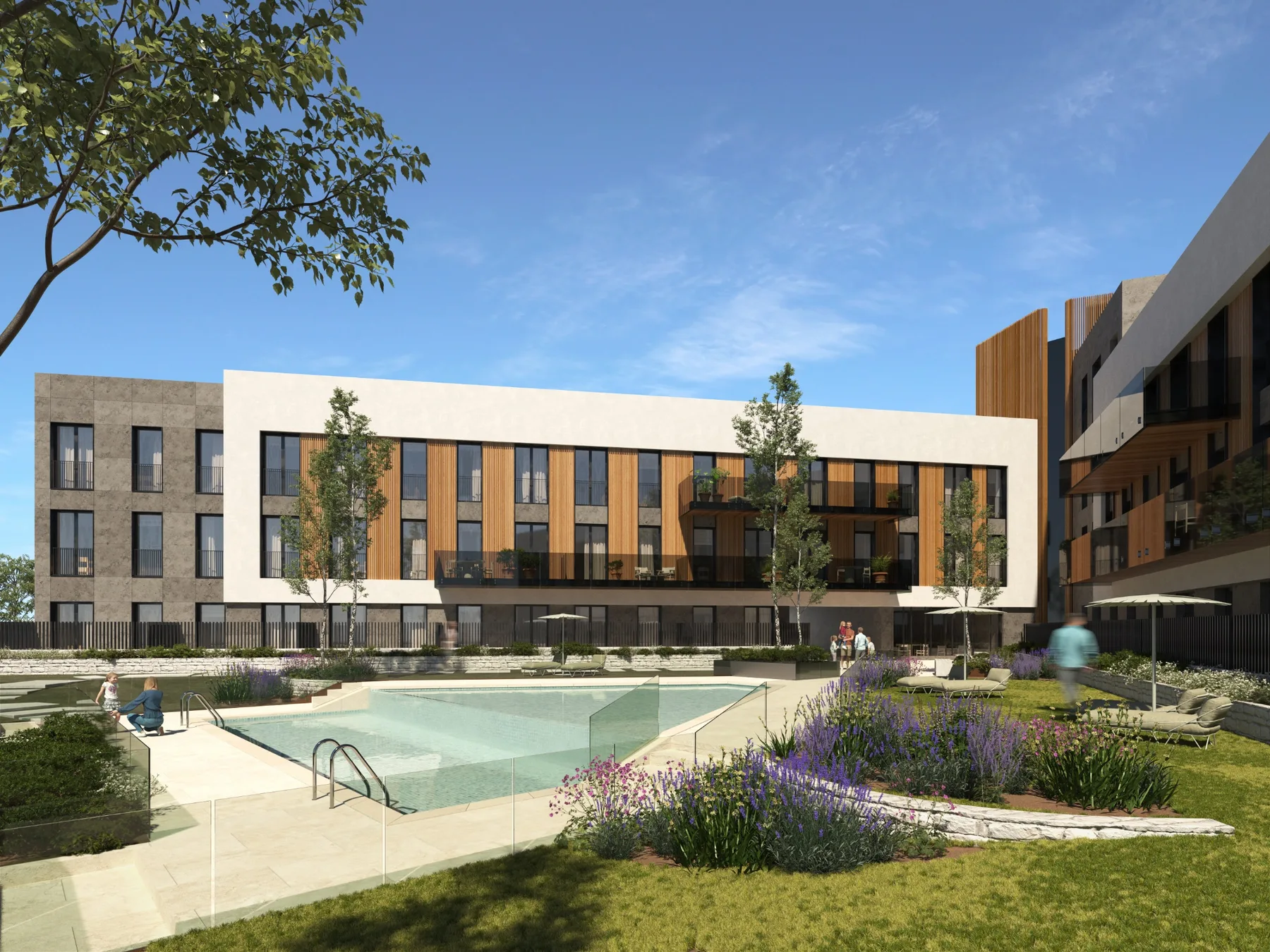 Render del jardín con piscina del residencial Inversiones Valdemarín
