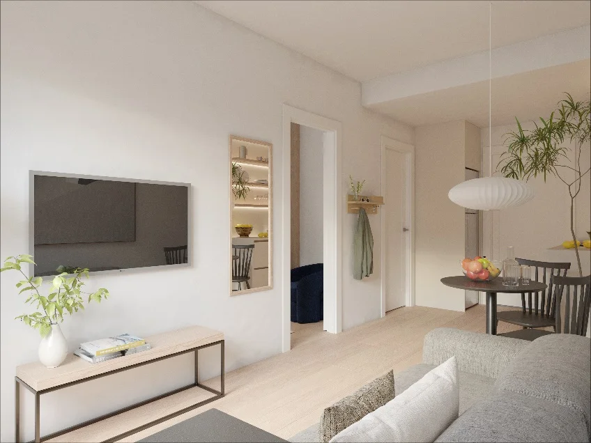 Render del salón con zona de estar de un apartamento de Inversiones Valdemarín