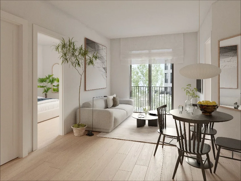 Render del salón de un apartamento de Inversiones Valdemarín