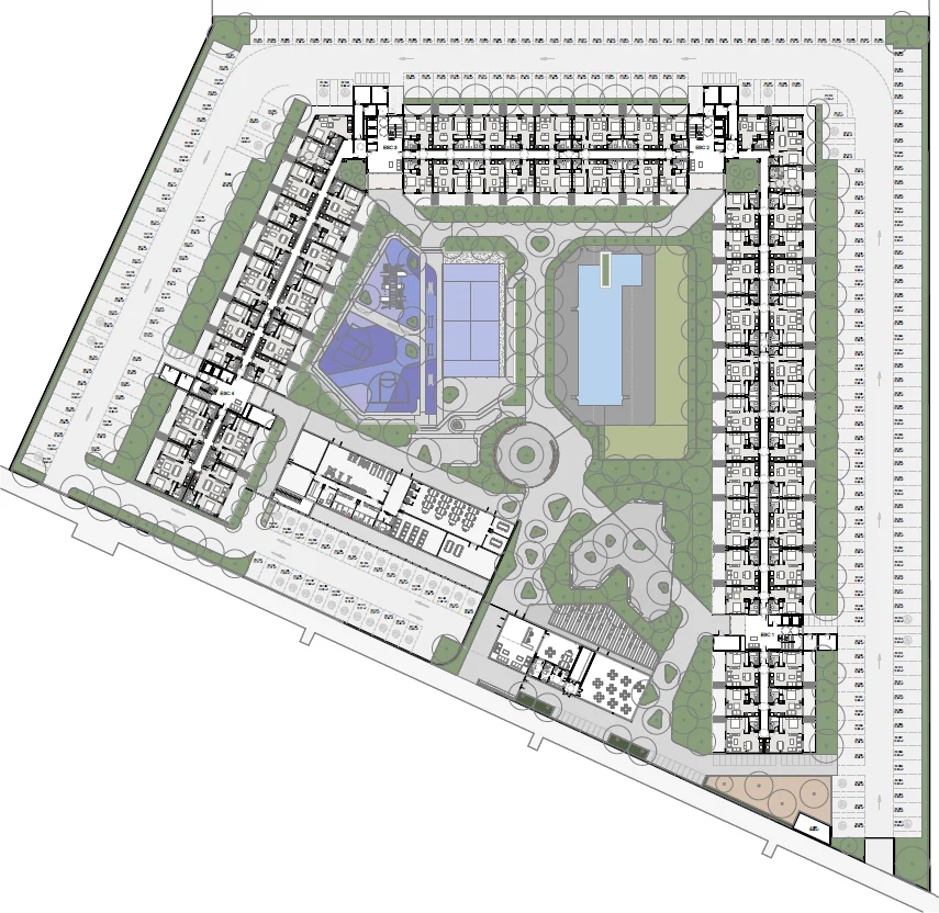 Plano de conjunto de Vik Living, con la piscina, la pista de pádel, la de baloncesto y los espacios ajardinados